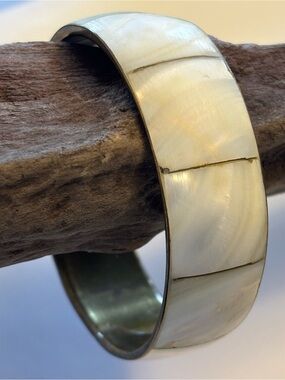 Vintage Mother of Pearl & Brass Inlay Bangle Statement Bracelet